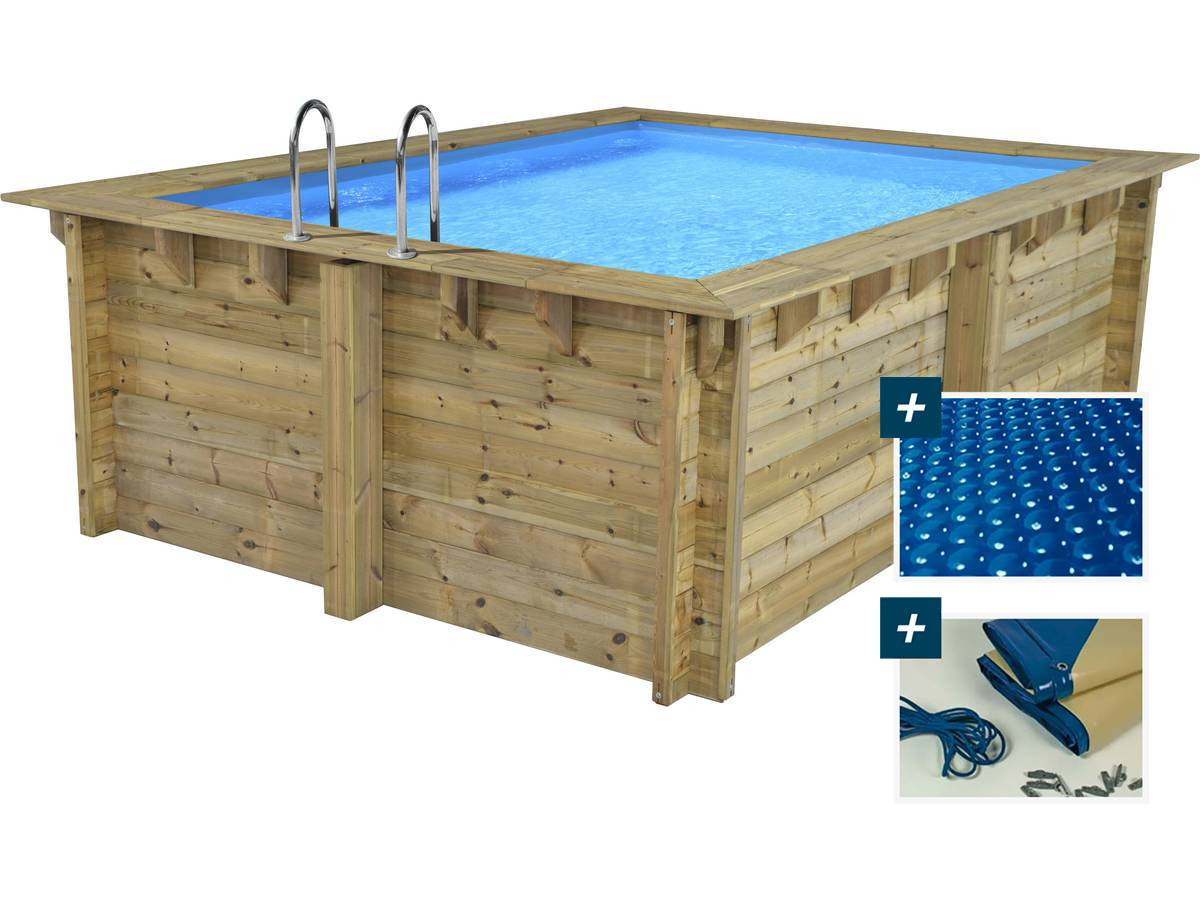 Piscina rettangolare in legno Caimans 140 - 4,10 x 3,00 x 1,39 m + copertura a bolle da 180 µm - copertura invernale da 280 g/m²