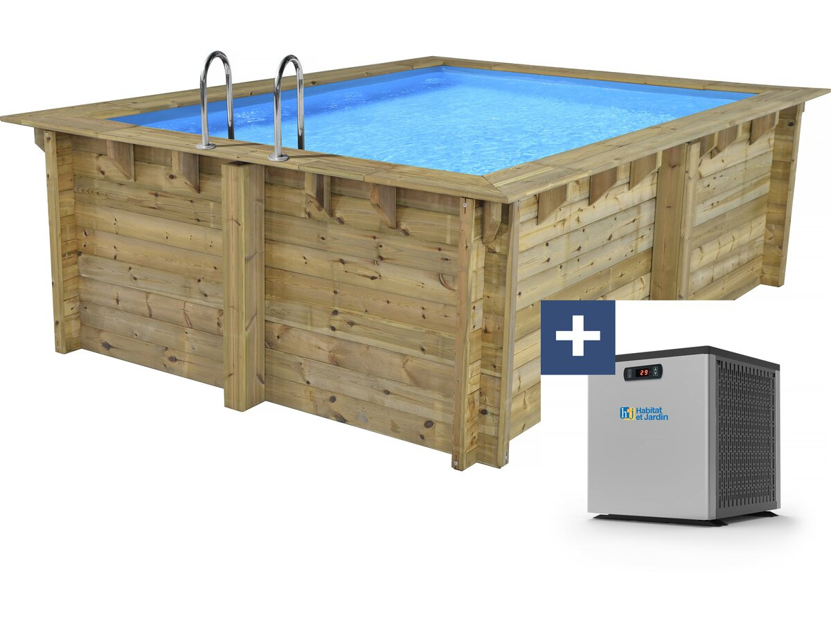 Piscina rettangolare in legno Caimans 140 - 4,10 x 3,00 x 1,39 m + Mini pompa di calore 3,5 kW - Metallo - Grigio